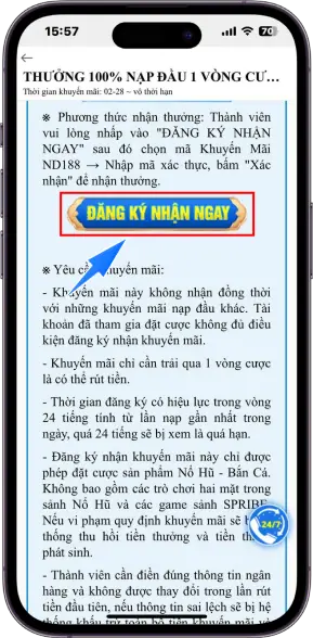 Bước 4 : Sau khi tải APP, quay lại khuyến mãi ấn Đăng ký nhận ngay